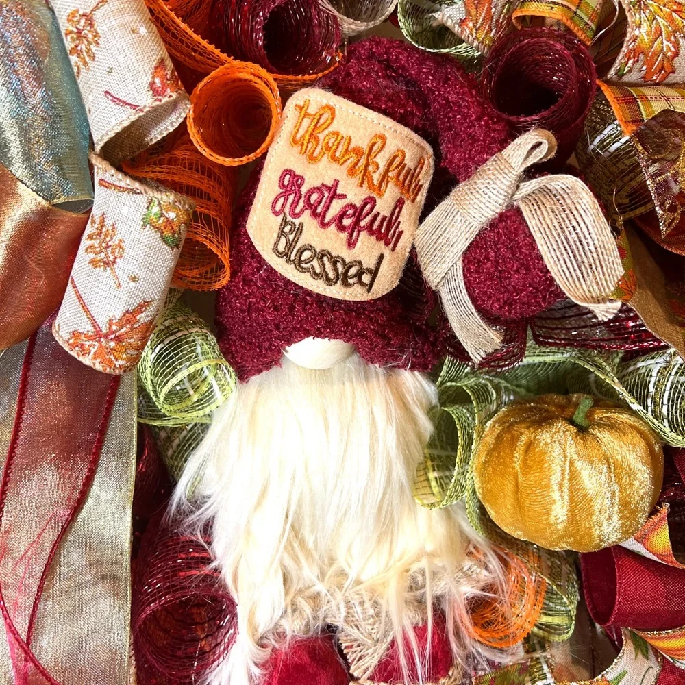 Autum Fall Ribbon Wreath Thankful Gnome Handmade 22 in’s. #W3